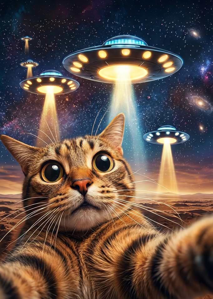 Cat taking a selfie with UFOs