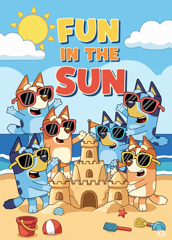Bluey characters at the beach