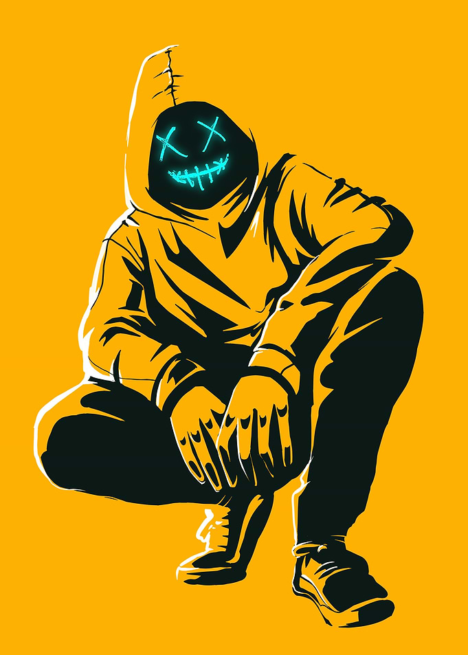 Person in Hoodie with Neon Mask