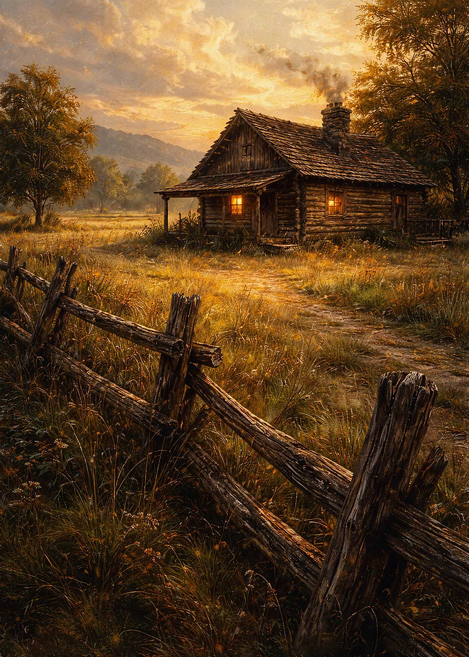 Cozy Log Cabin at Sunset