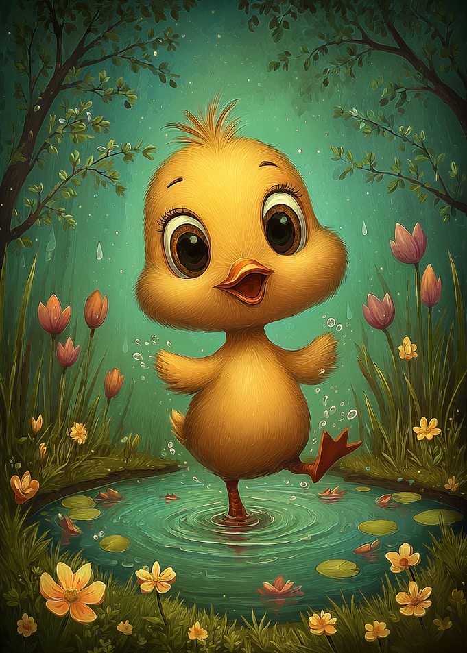Cute Duckling Dancing in a Pond