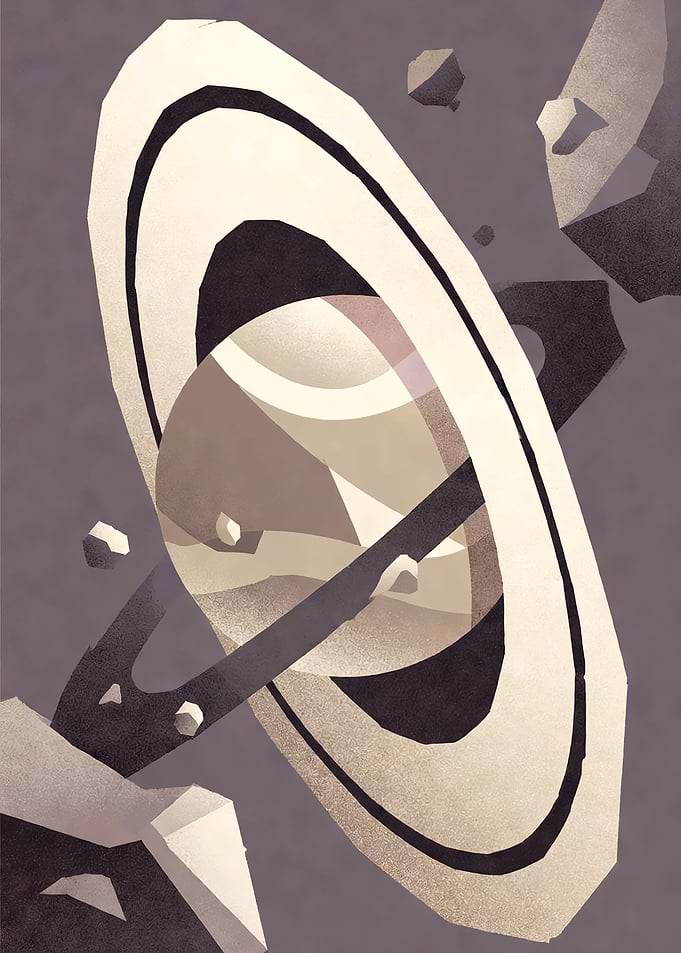 Stylized Saturn with Rings and Asteroids