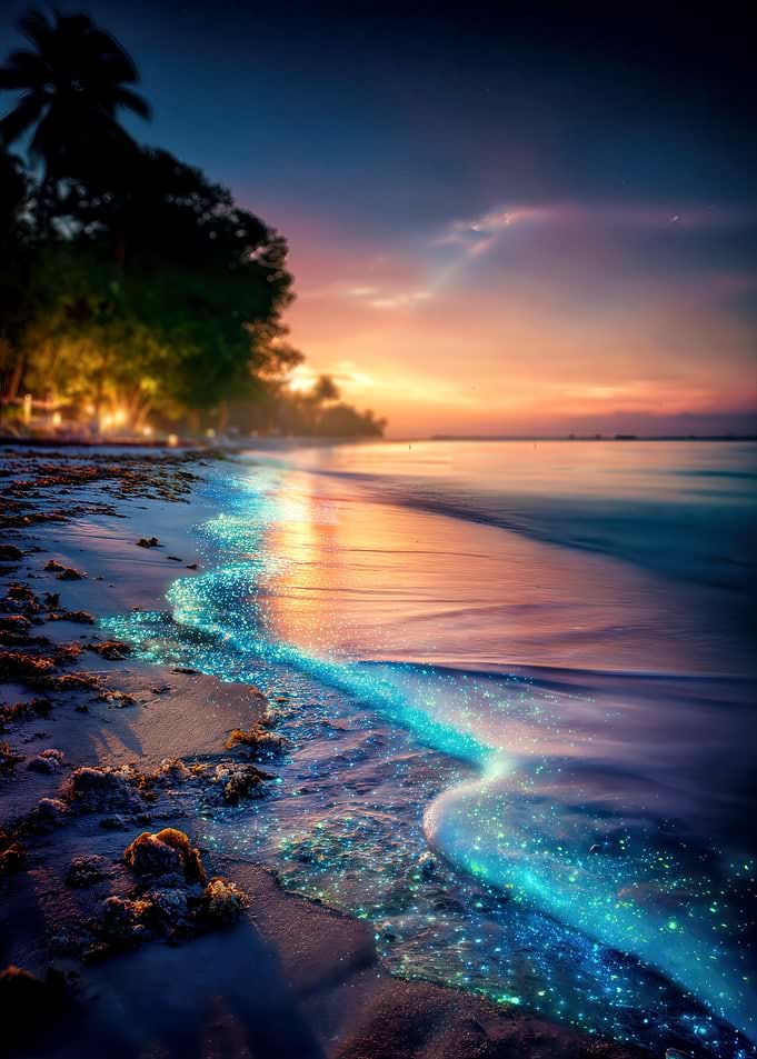Bioluminescent Beach at Sunset