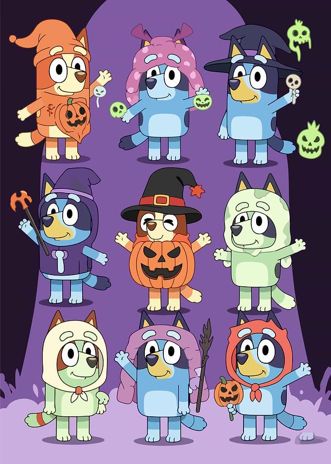 Bluey characters in Halloween costumes