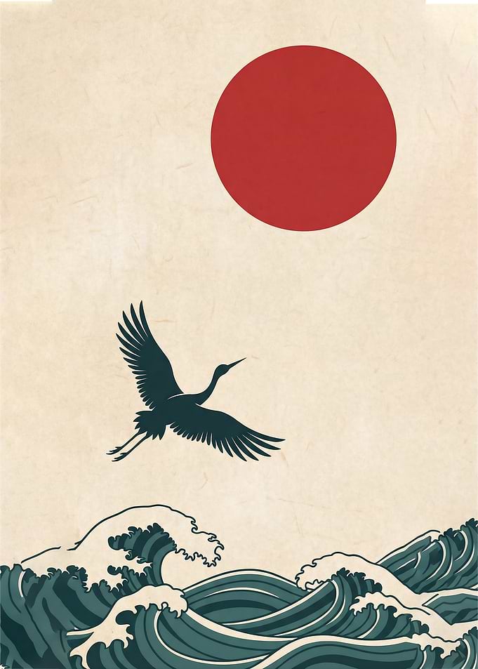 Golden Crane & Red Sun - Japanese Nature Art