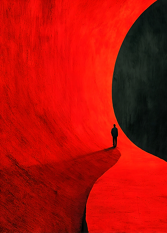 Man walking in a red tunnel