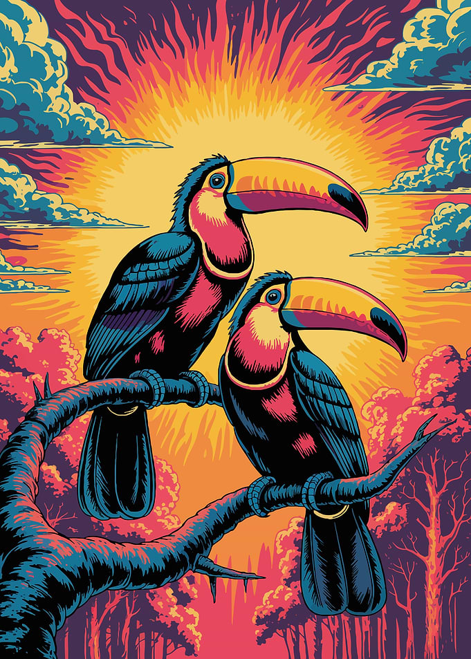 Two Toucans on a Branch at Sunset