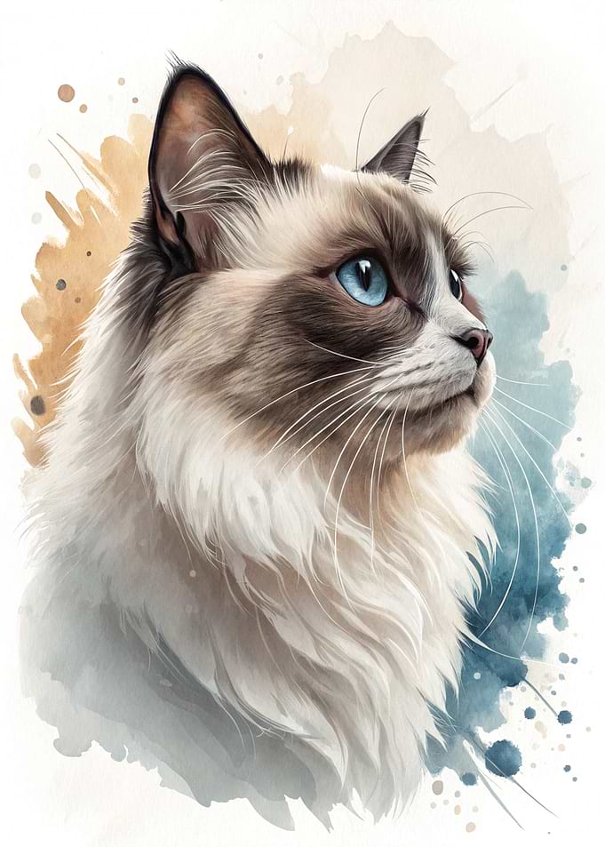 Ragdoll Cat Watercolor Portrait