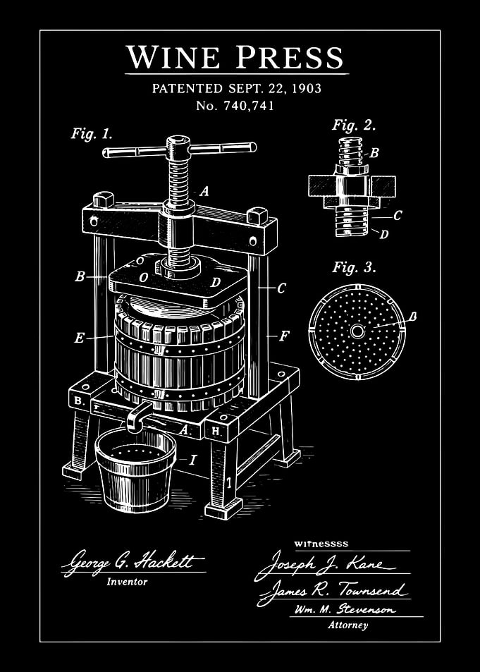 Vintage Wine Press Patent Drawing