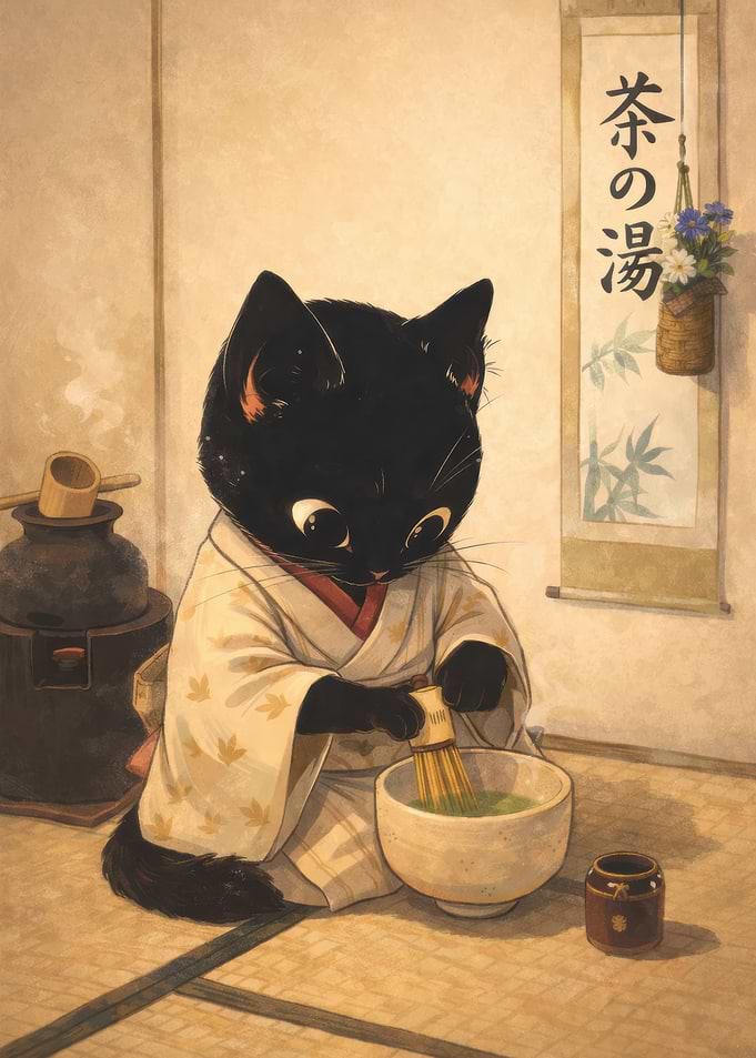 Black Cat Making Matcha Tea