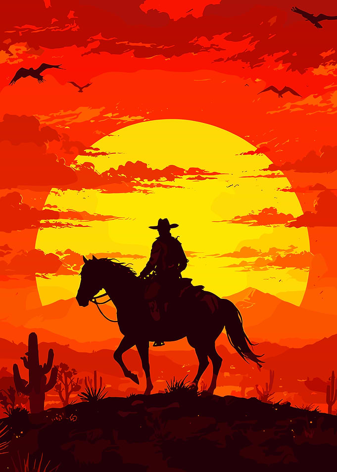 Cowboy Riding Horse at Sunset
