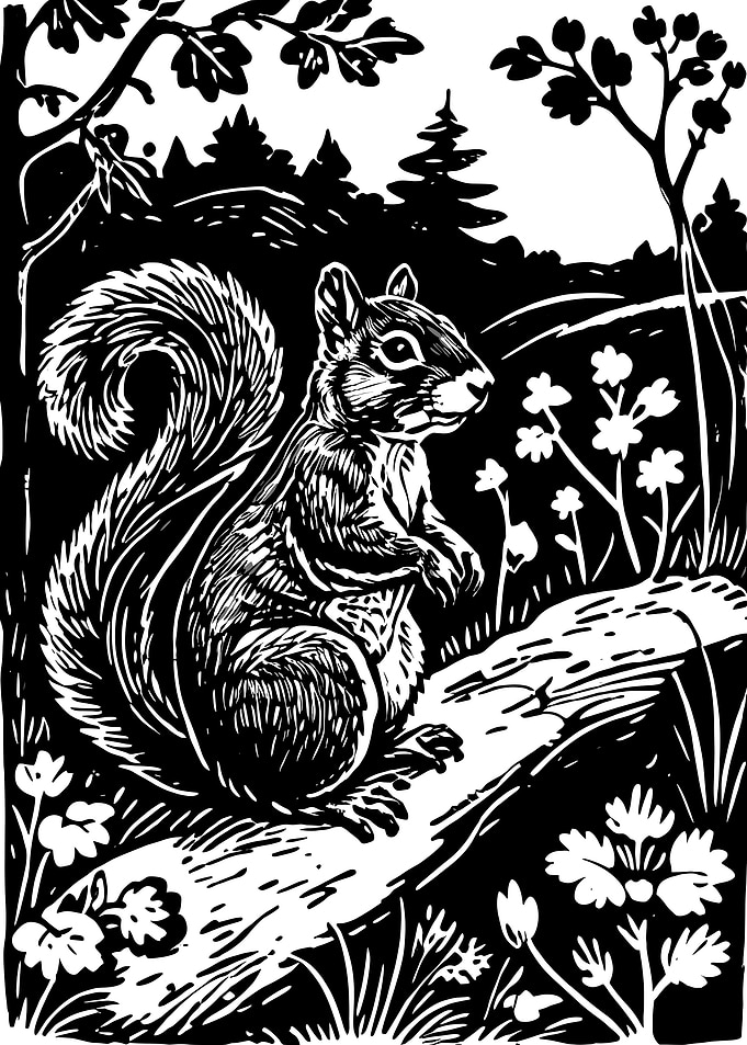 Squirrel on a log in the woods