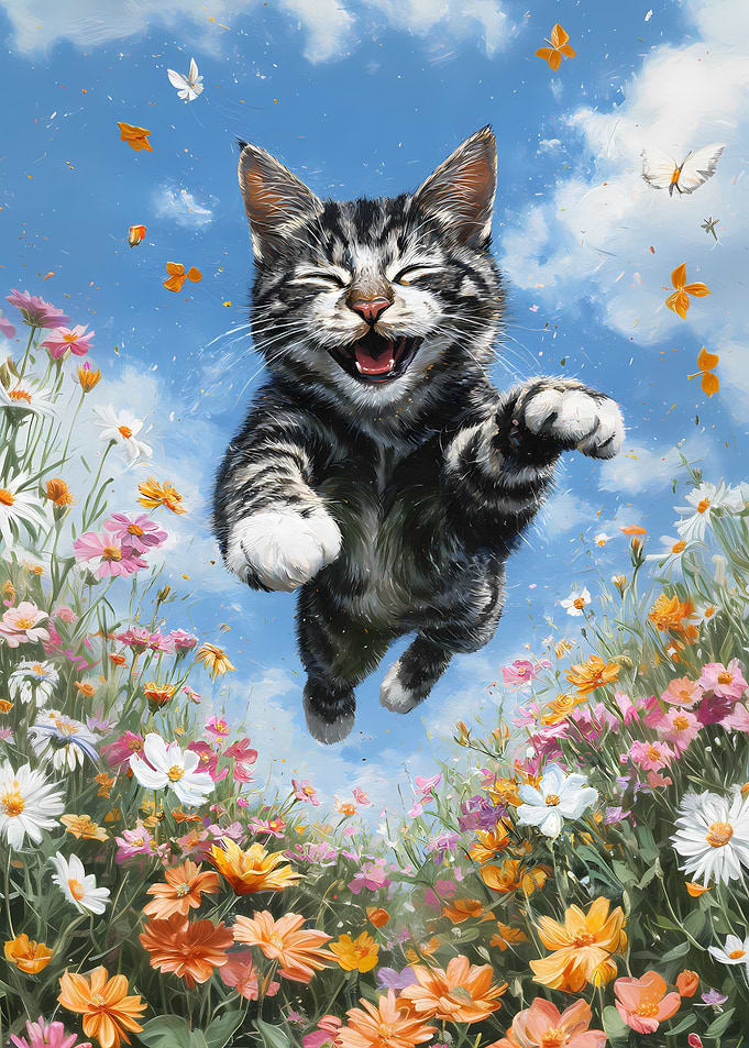 Joyful Cat Jumping in a Field of Flowers