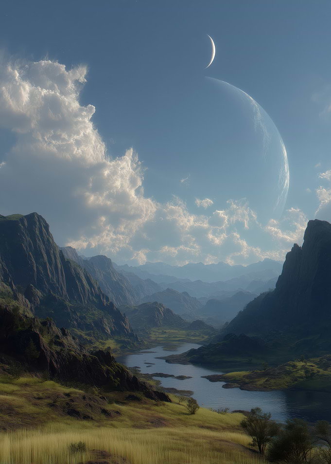 Alien Planet Landscape with Crescent Moon
