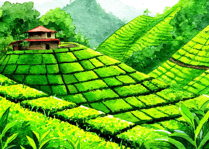 Tea Plantation Landscape with House
