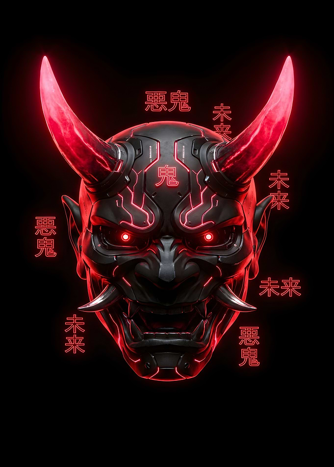 Cyberpunk Oni Mask with Neon Accents
