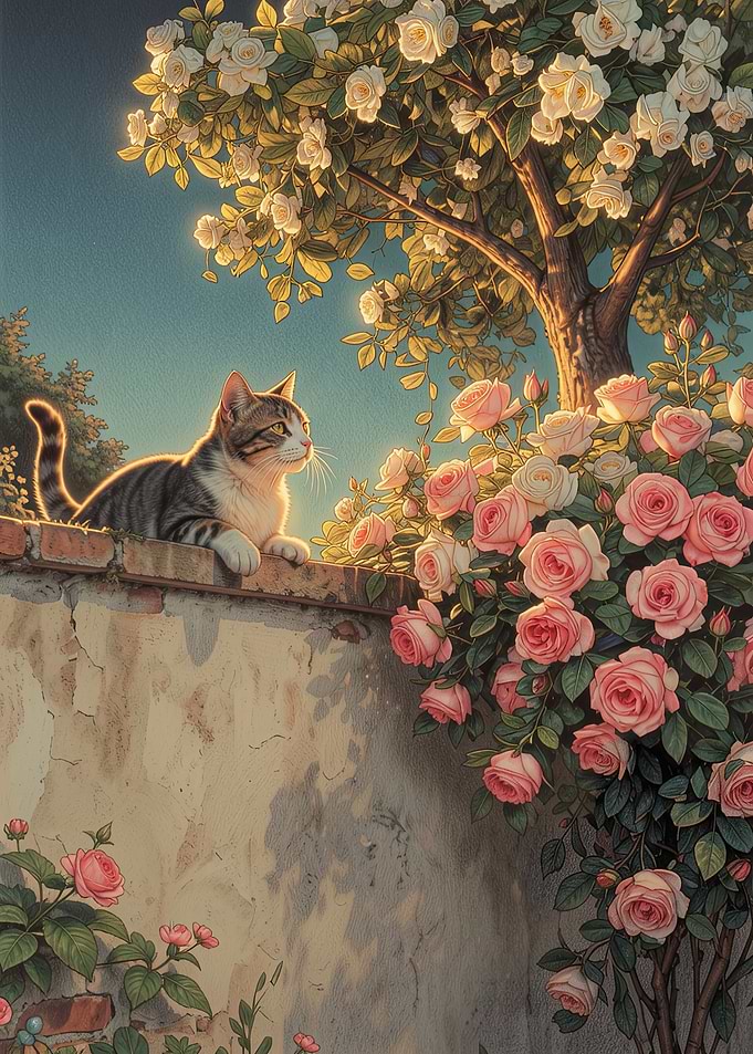 Cat on a Wall with Roses