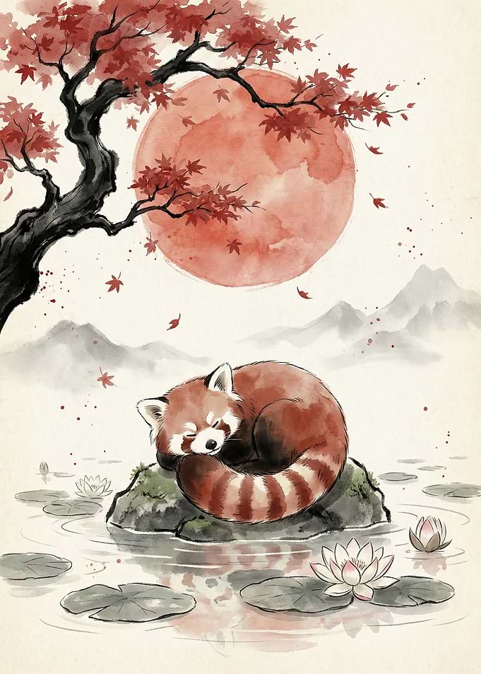 Red Panda Sleeping Under Maple Tree and Moon