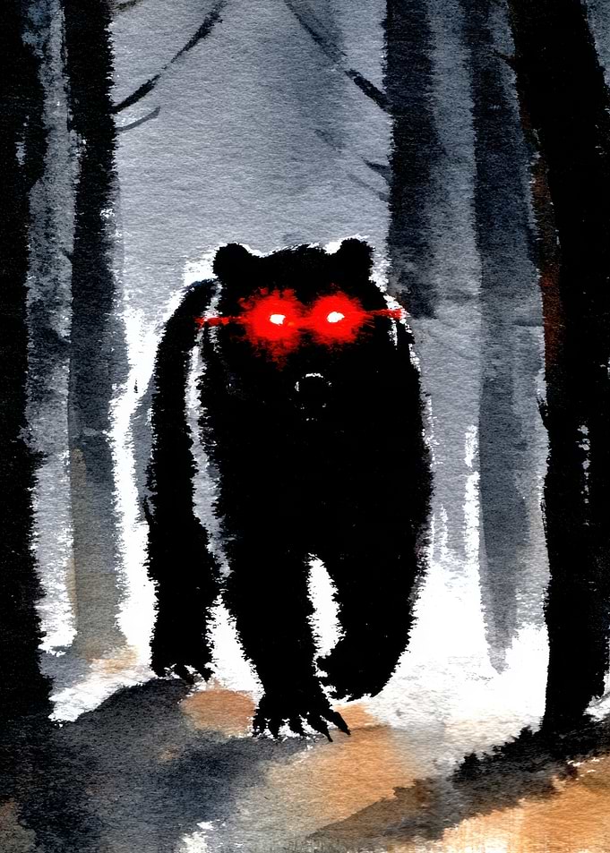 Bear with glowing red eyes in forest