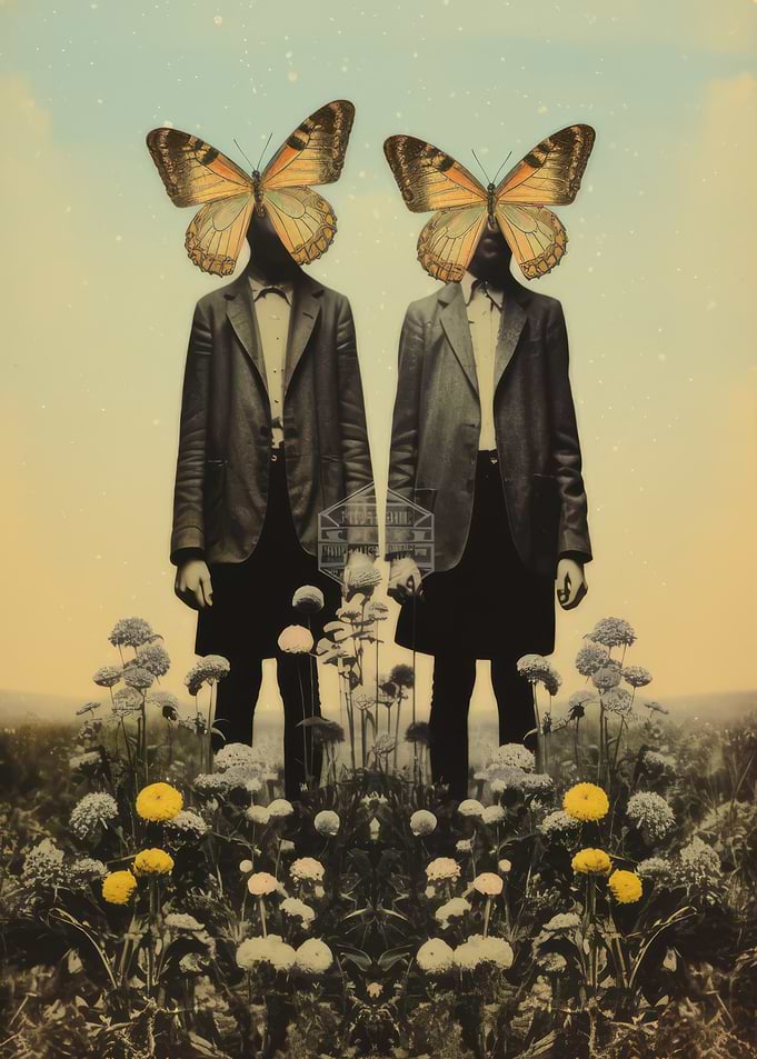 Surreal Butterfly Head Figures in Field