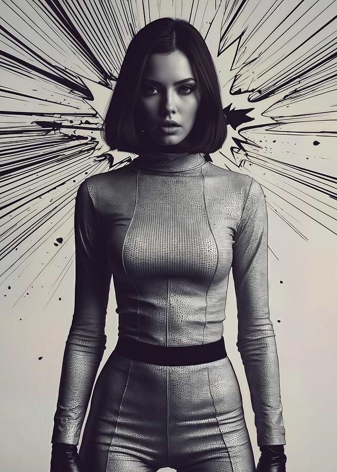 Monochrome Femme Fatale Portrait with Comic Ink Burst — Futuristic Fashion Illustration