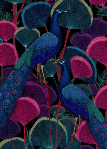 Two Peacocks in a Vibrant Floral Garden