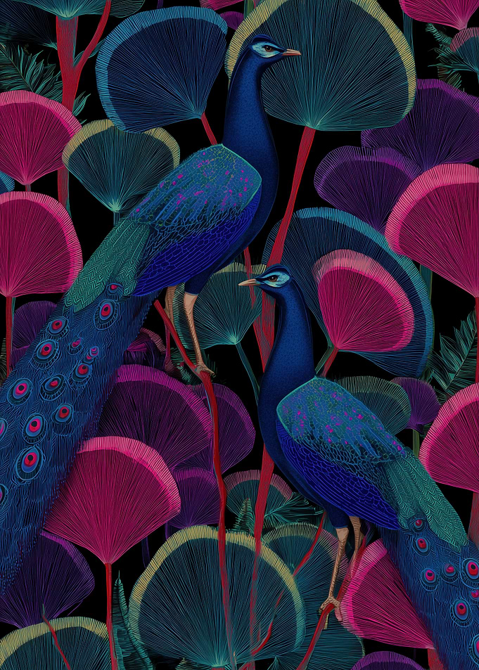 Two Peacocks in a Vibrant Floral Garden
