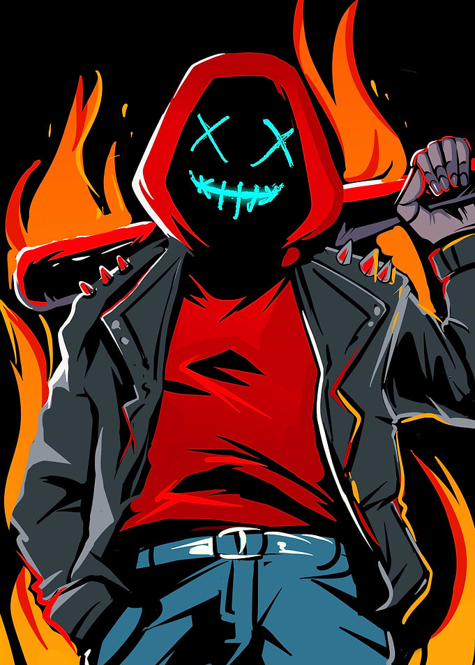 Hooded Figure with Bat and Flames