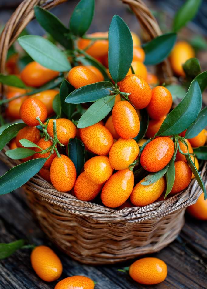 Basket of fresh kumquats with leaves