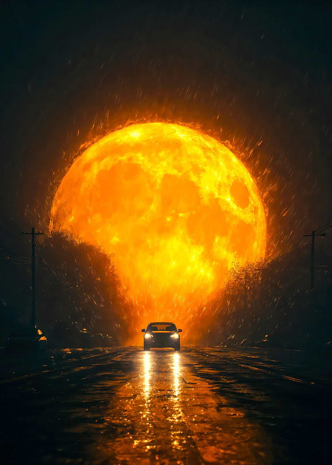 Rainy Road Giant Orange Sun