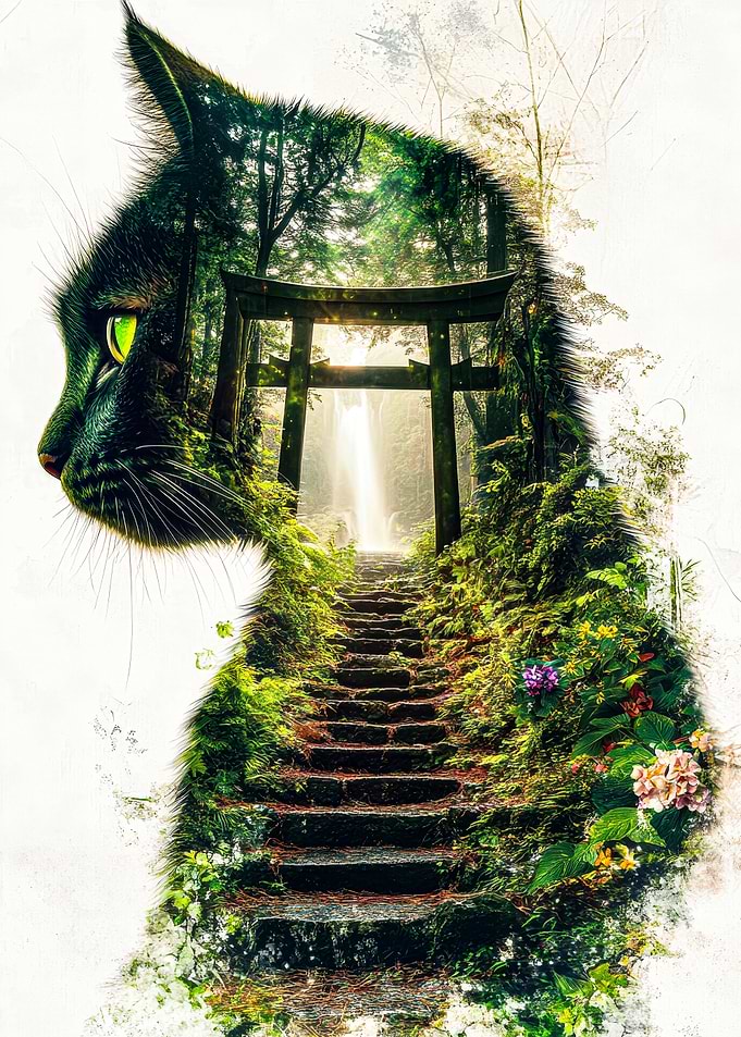 Cat Silhouette with Forest and Waterfall