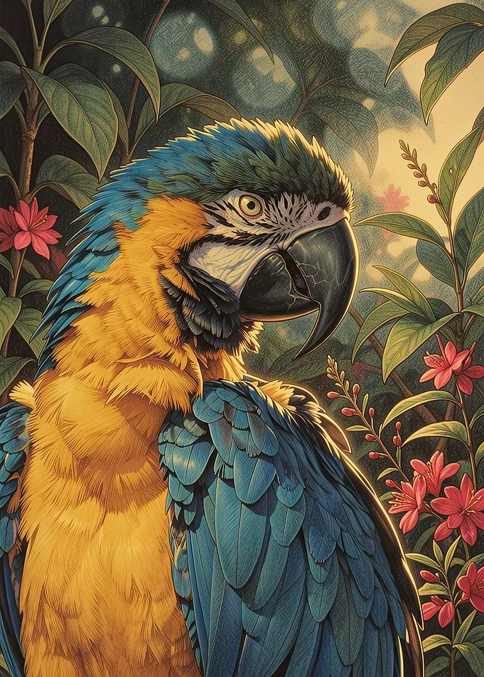 Blue and Gold Macaw in Tropical Foliage