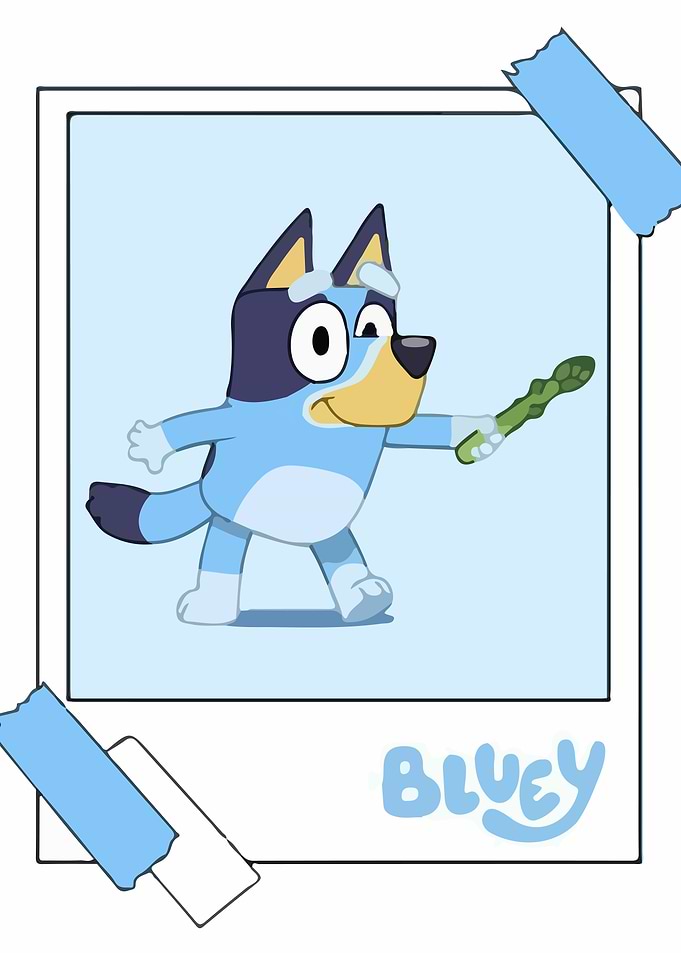 Bluey holding asparagus