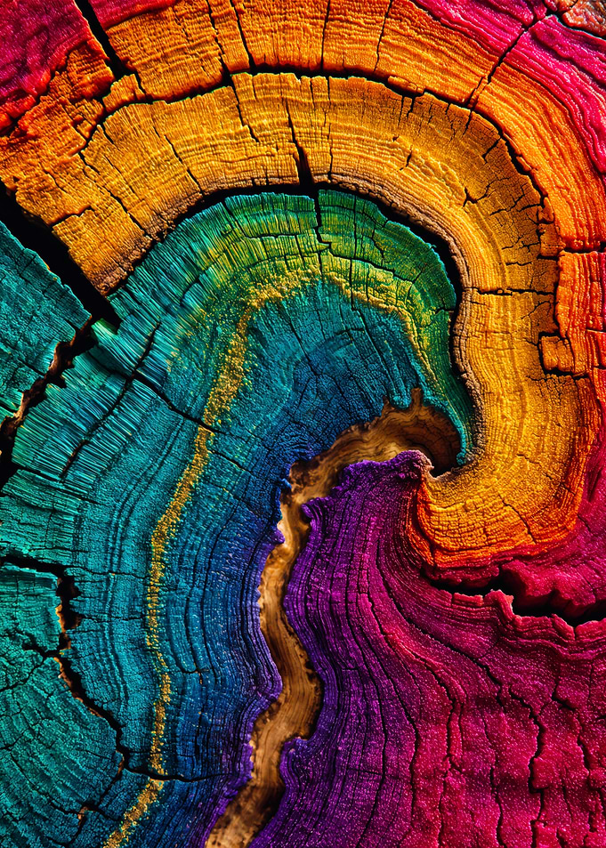 Vivid Abstract Rainbow Wood Rings Art