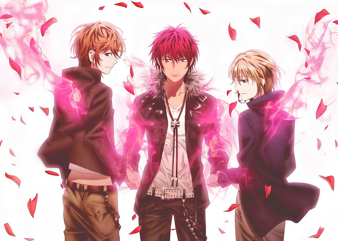Three anime boys with pink energy