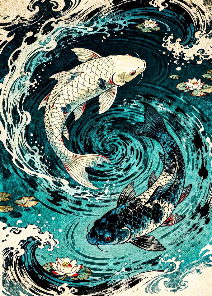 Two Koi Fish in Swirling Water