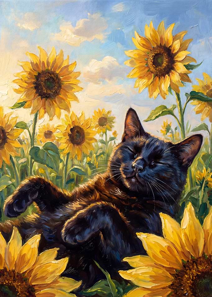 Black cat in sunflowers