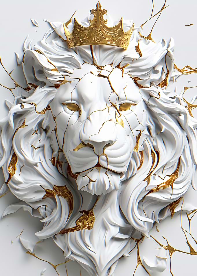 Cracked White Lion with Gold Crown