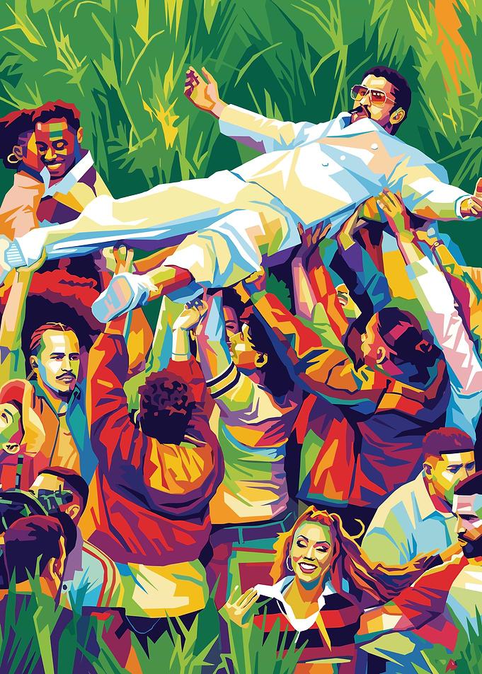 Man being crowd-surfed in vibrant colors