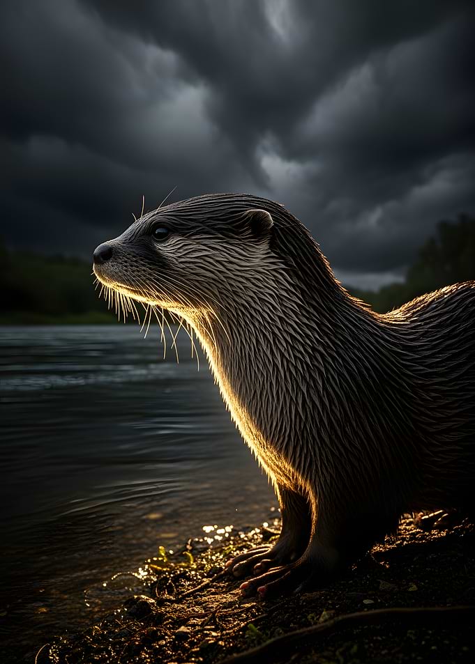 Otter by the water under stormy skies