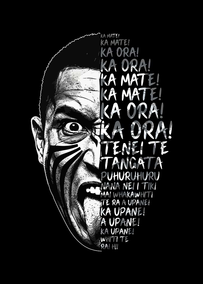 Maori Warrior Face with Haka Text
