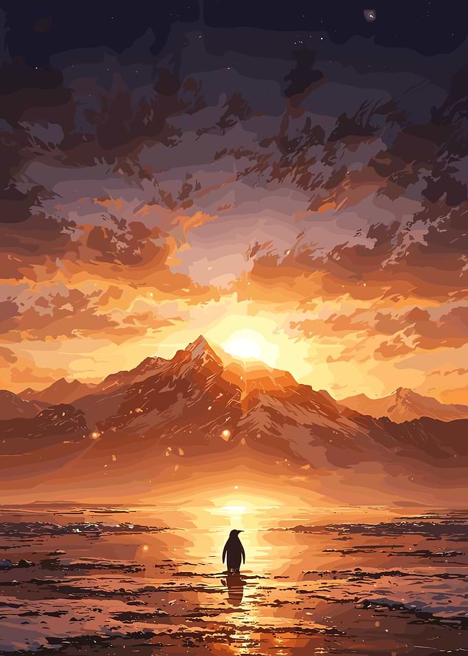 Penguin in a Sunset Landscape