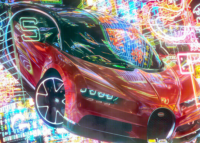 Red Bugatti with Neon Cyberpunk Background
