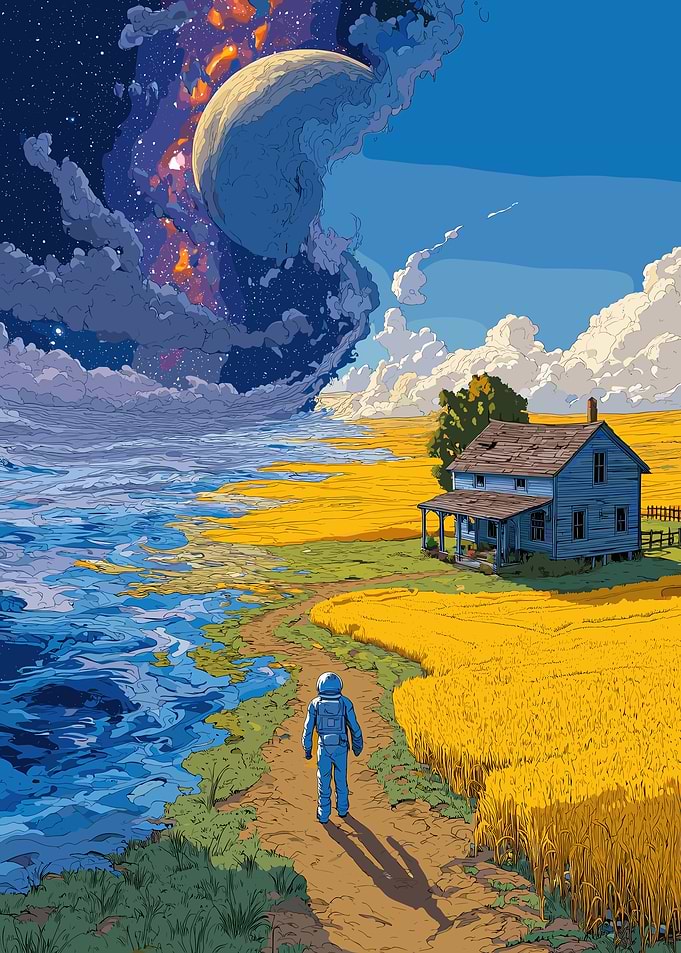 Astronaut walks towards a surreal landscape
