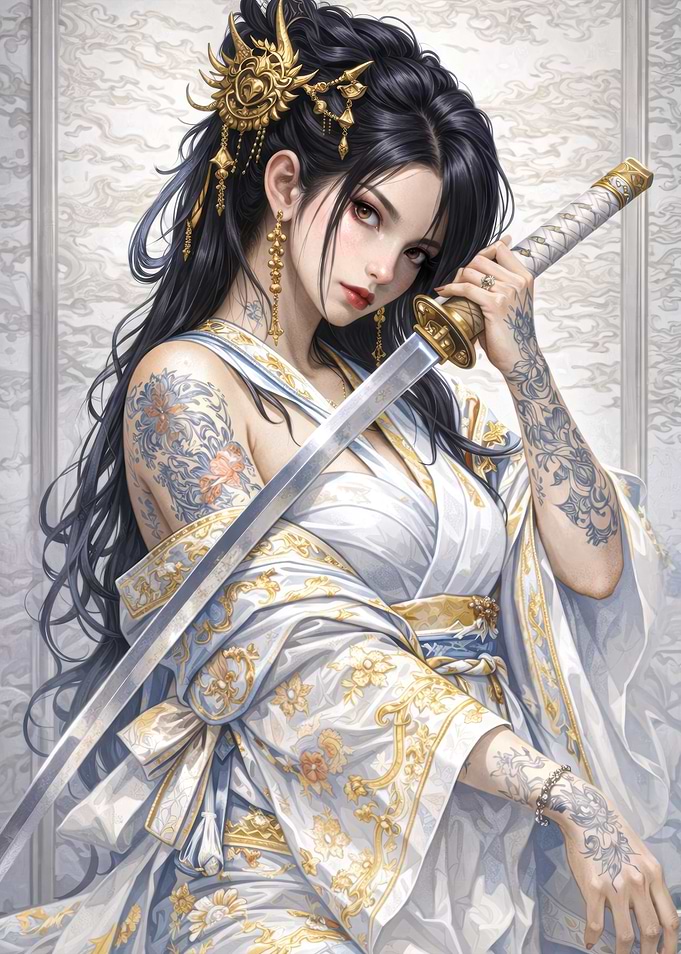 Samurai Woman with Katana and Tattoos