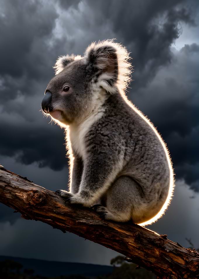 Koala on a branch against stormy sky