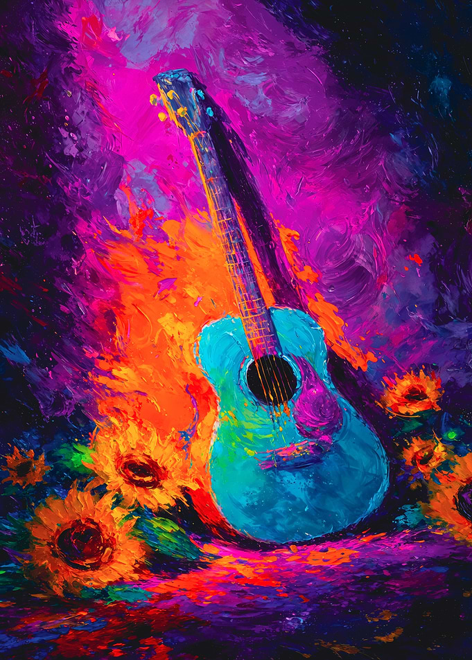 Vibrant Guitar Sunflowers Expressive Painting