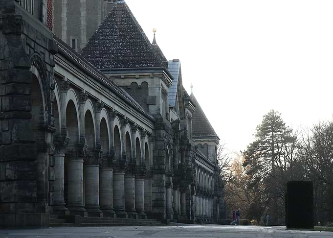 Grand Arched Building with Trees