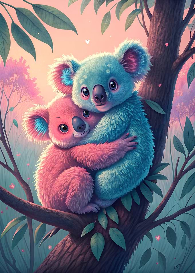 Two cute koalas hugging on a tree