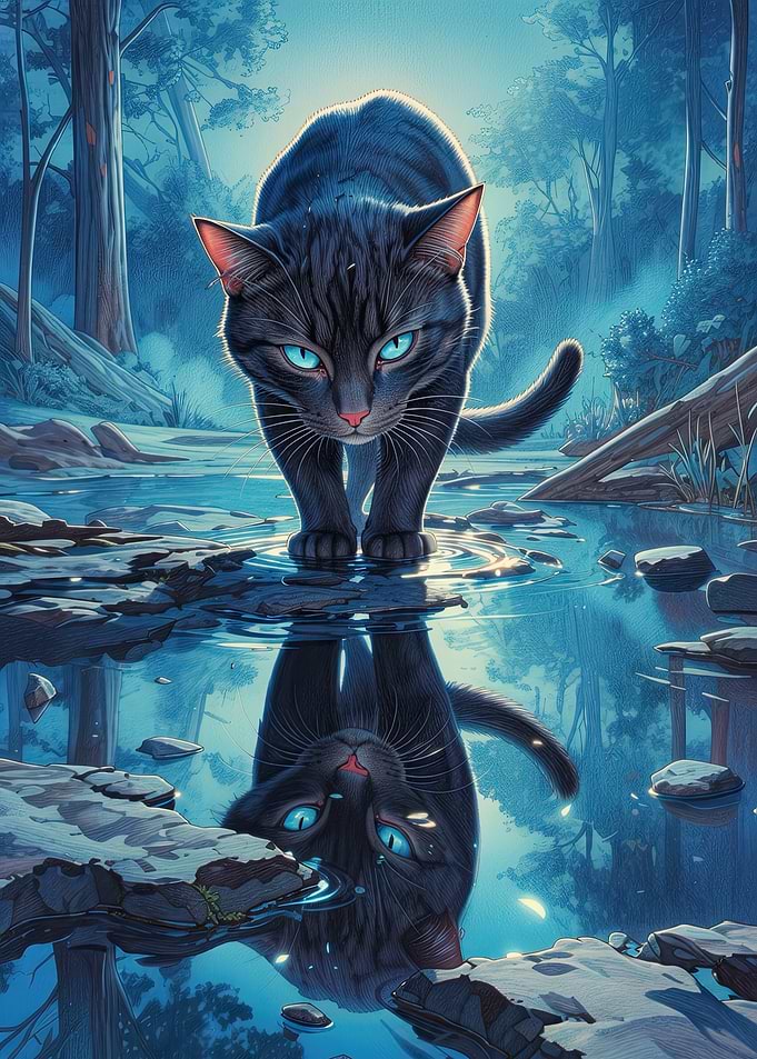 Black Cat Reflecting in Water